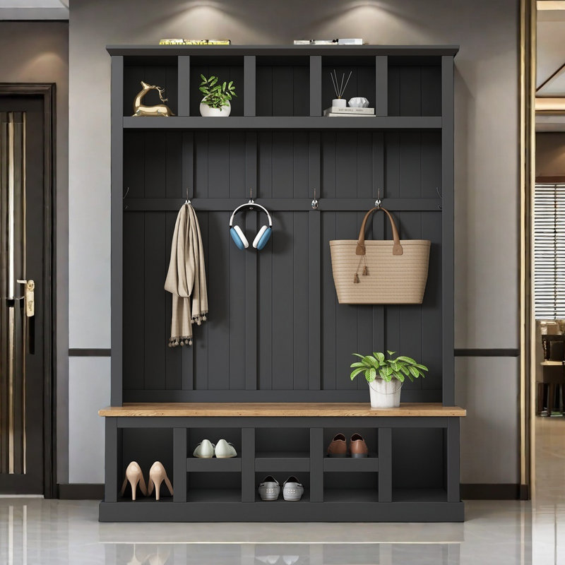 Farmhouse Wooden Style 78 H Modern Hall Tree With Wide Storage Seating Bench Entryway Shoe Cabinet With 13 Compartments Elegant Coat Rack With 6